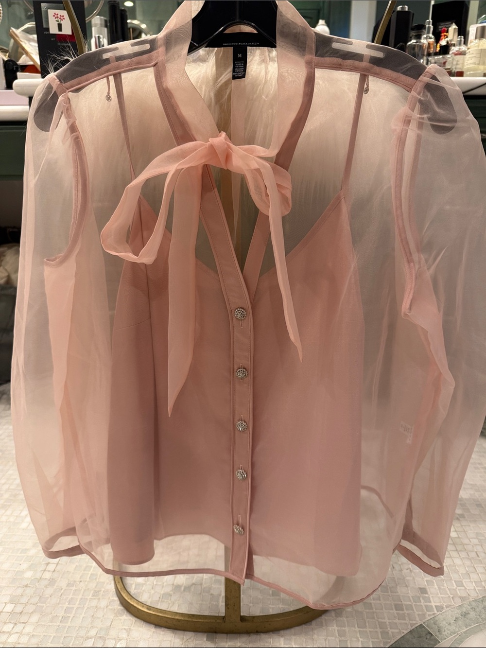 White House Black Market Blush Pink Sheer Tie-Neck Top